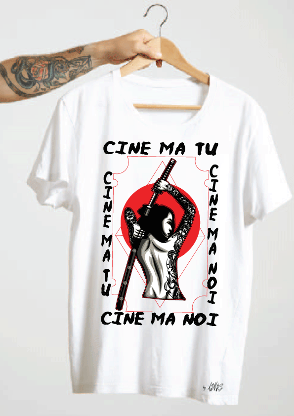Tricou personalizat barbati / femei, bumbac alb/negru, model "Samurai", XS-2XL - Advrs Romania