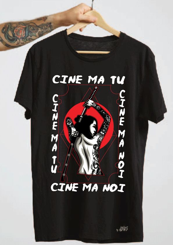 Tricou personalizat barbati / femei, bumbac alb/negru, model "Samurai", XS-2XL - Advrs Romania