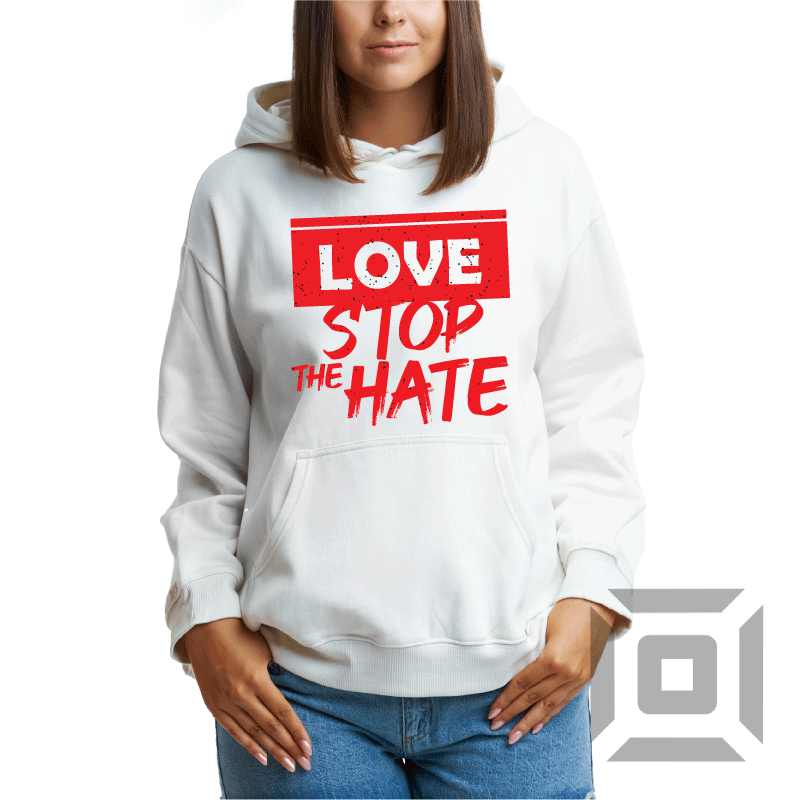 Hanorac bumbac organic alb/negru, model "Stop the hate" - Advrs Romania